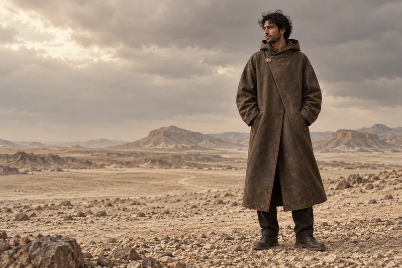 Original campaign concept: a man wearing The Desert Coat in a vast rocky landscape